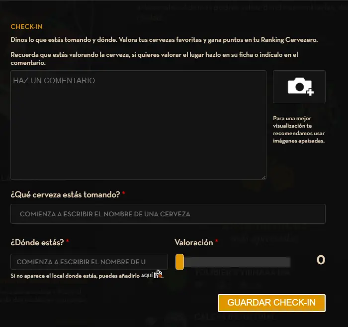 Formulario para hacer un check-in y valorar una cerveza en Cervezencuando